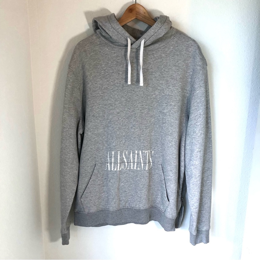 All Saints Gray Logo Men’s S Hoodie w/ Side Zipper, Front Kangaroo Pocket Cotton